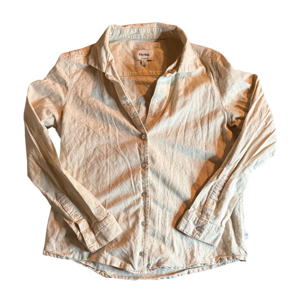 Rhythm Classics Linen Blend Button Down Shirt Womens XS Cream Long Sleeve Boho